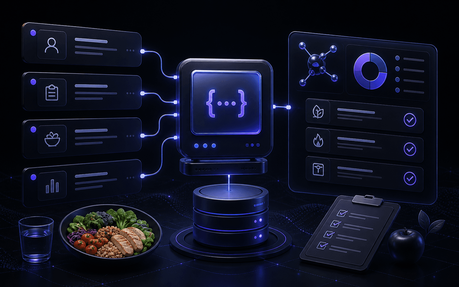 API backend conectada a regras de dieta, banco de dados e elementos visuais de alimentação saudável.