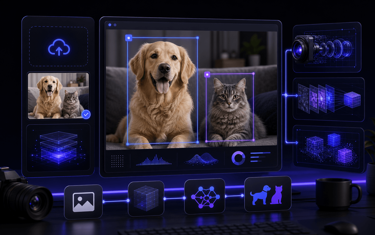 Interface de visão computacional detectando cachorro e gato em uma imagem enviada pelo usuário.