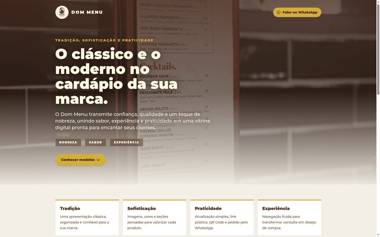 Página inicial do Dom Menu com apresentação de cardápio digital para restaurantes.