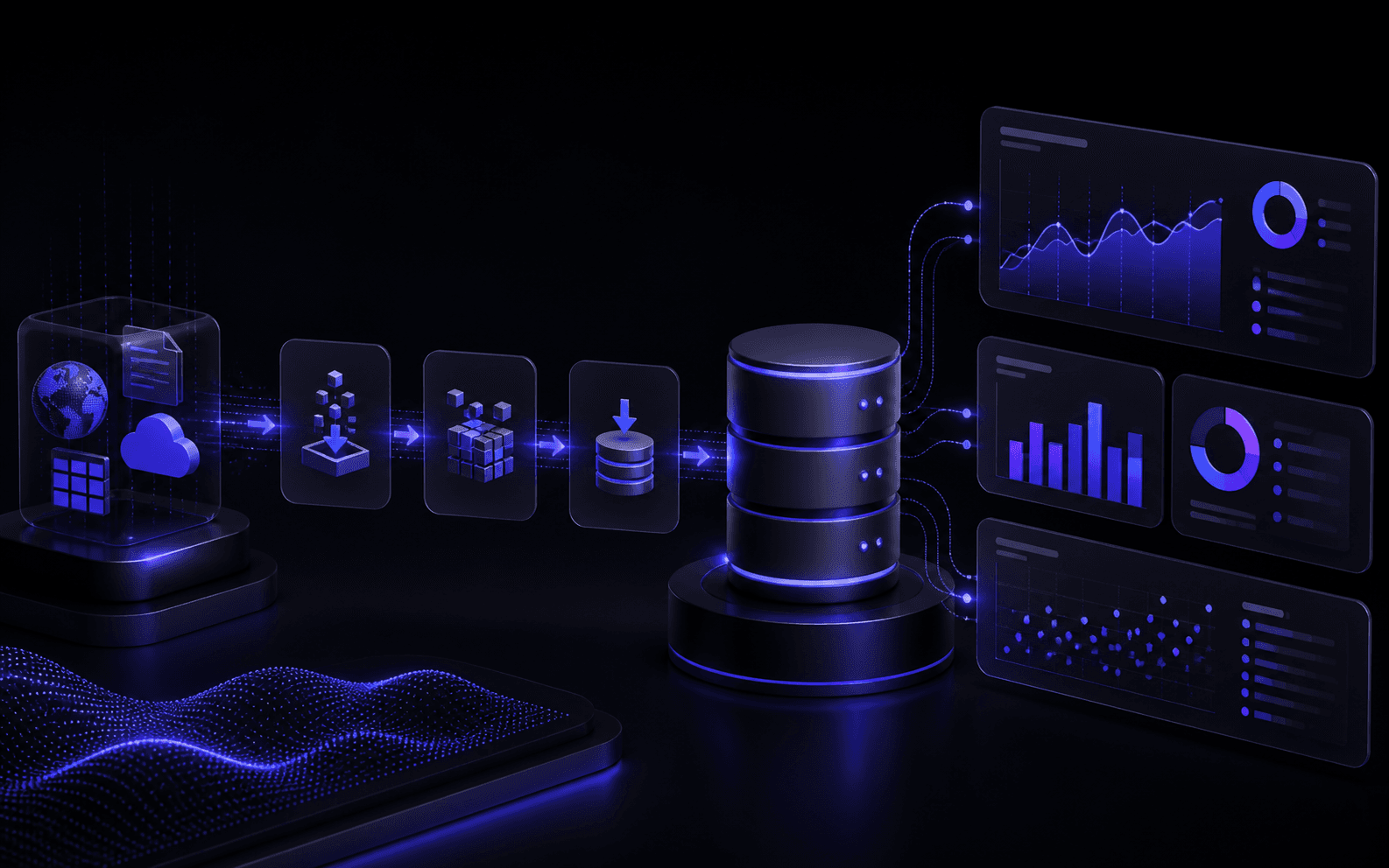 Pipeline de dados fluindo de uma fonte externa para banco de dados e dashboards analíticos.