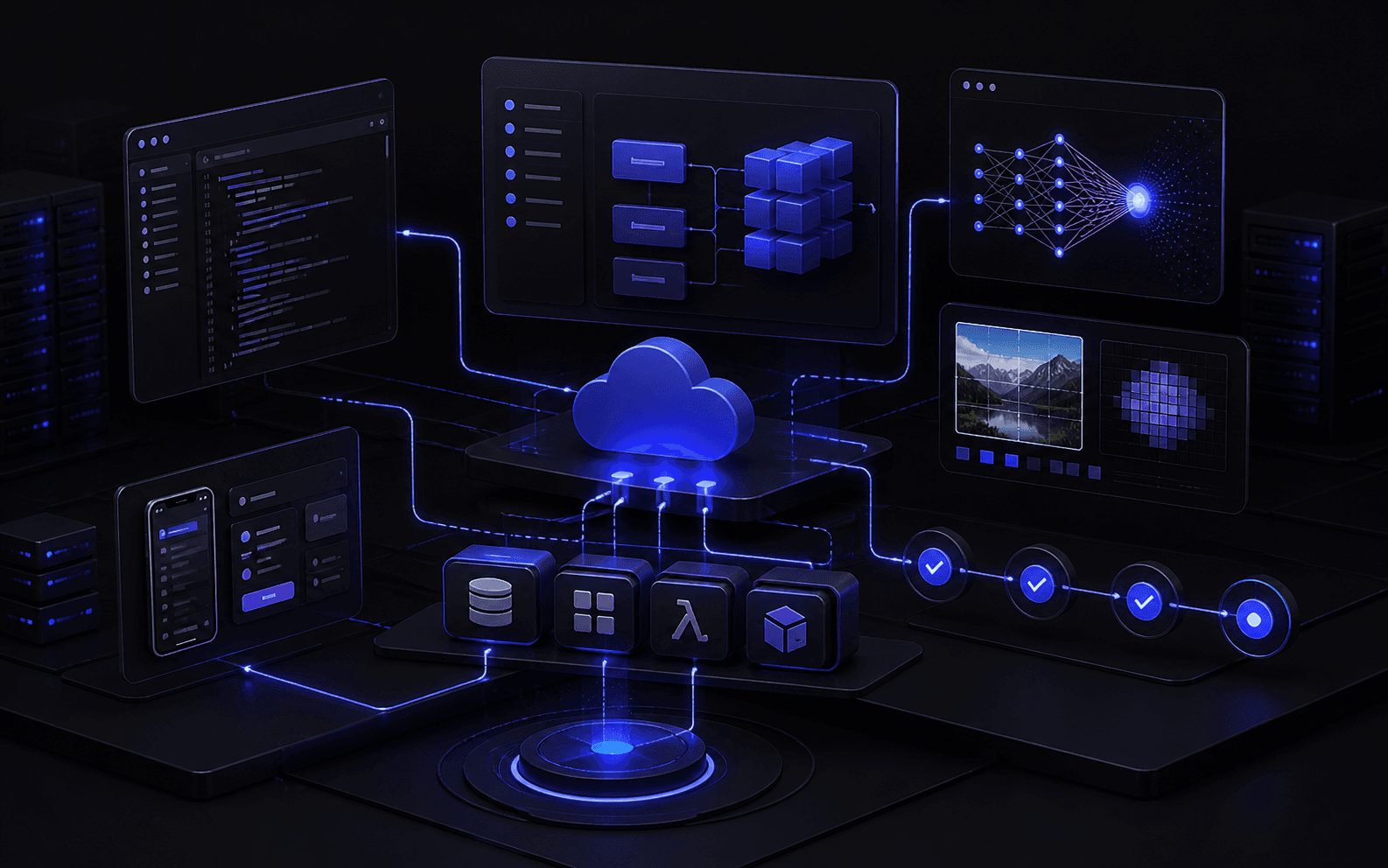 Arquitetura visual com cloud, servidores, painéis de código e fluxo de IA multimodal.